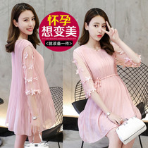 Pregnant Woman Summer Dress Large Code Dress Dress 2021 New Fashion Mesh Yarn Spring Loaded Summer Flowers 100 Plexue Snowspun Pregnant Woman Dress