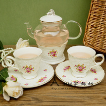 English Flower Fruit Tea Set Heat-resistant Glass Teapot Ivory Ceramic Vintage Relief Heater 2 cups and saucers