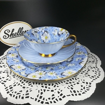 Booking UK Shelley Antique Bone Porcelain Blue Daisy Interior Full Flower Tea Cup Coffee Cup Three Sets