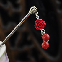 Vintage Hair Accessories Lacquer Carved Rose Red Agate Classic Hair Wig Waving Disc Hair Ethnic Gift for Women