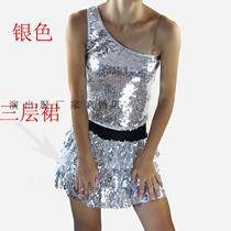 New sequined stage dance performance suit La la suit suit one shoulder oblique shoulder sequined vest with sequined multi-layer skirt