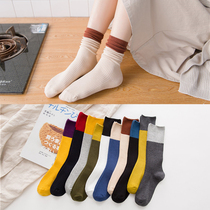 Literary fan contrast color womens socks double needle color stacking socks Pumping loose socks Womens medium tube cotton socks