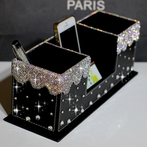 High-grade leather rhinestone pen holder Creative fashion office ornaments Diamond-set pen holder Business card holder set double pen holder