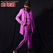 Exclusive ] Nightclub male singer DSDJ Right Zhilong GD in the long purple splicing suit bar performing clothes accessories