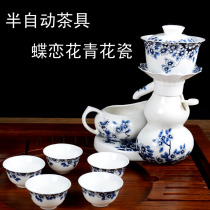 Promotion of high-grade Chinese ceramic semi-automatic complete set of tea set blue and white porcelain anti-hot kung fu filter tea