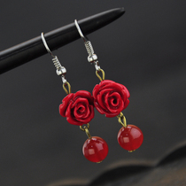 Vintage earrings lacquered rose red agate earrings womens national style original ornaments Korean style elegance