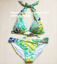 Meidan green oil painting Impressionist triangle thin Cup neck wide lace-up thin cup without steel BIKINI BIKINI BIKINI
