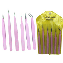 1 per cent pink tweezers straight elbow flat head ESD tweezers beauty nail diy forceps 6-piece set
