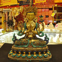 Tibetan Buddhism Nepal handmade silk semi-gilded turquoise Buddha statue turquoise four-armed Guanyin Buddha statue