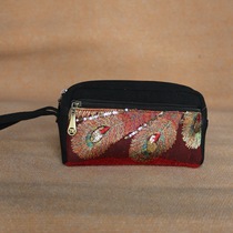 Cloud decoration totem original womens embroidered bag Ethnic style womens bag mesh peacock feather embroidered portable coin purse