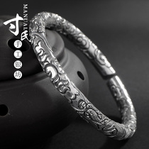 Yunnan pure handmade snowflake silver S999 foot silver sterling silver full carved auspicious cloud dragon and phoenix old nine door cylindrical carved silver bracelet