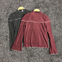 Leakage round neck lotus leaf long sleeve stretch T-shirt womens wild base shirt top do not return do not change