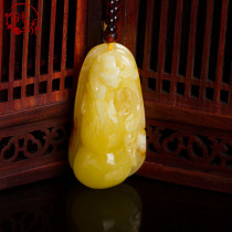 Decorated with natural amber beeswax gourd carved necklace pendant amber beeswax sweater chain with certificate beeswax pendant