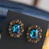  Korean retro elegance court style light luxury blue large crystal clear petals flower fashion earrings