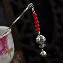Retro hair accessories Miao Silver small fish ring Red color stone Classical long tassel hair hairpin children step festive gift