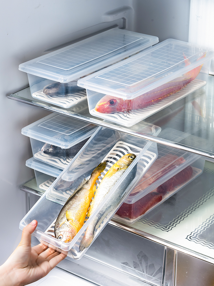 Household refrigerator fresh box Plastic sealed storage box Rectangular fish fruit food box Drain frozen box