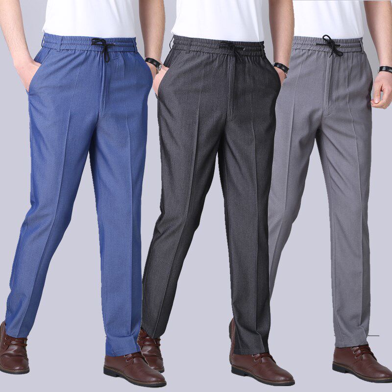 Tencel casual pants male mid-aged tight waist jeans men loose old men's pants summer thin daddy pants