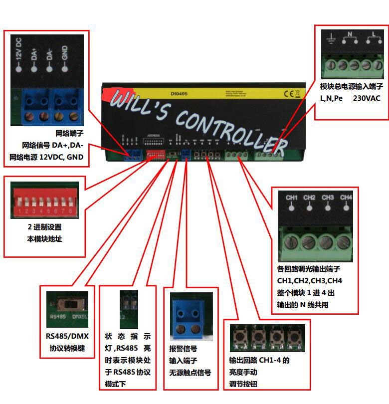 4-way 5A 485 dimmer DMX dimmer hotel dimming module Conference room dimmer control dimming