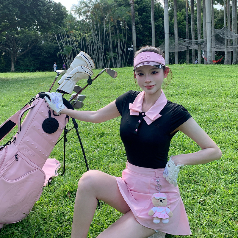 Bqgolf Pink and Black Contrast Color Lapel Top Quick-Drying Cool Breathable Bow Pleated Skirt Golf Tennis Wear