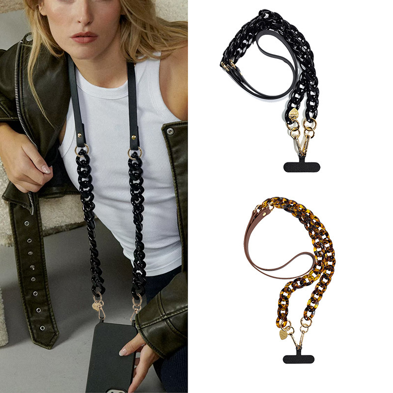 Amazon Cross-Border European and American Leopard Print Acrylic Chain Spliced Pu Long Phone Chain Crossbody Bag Chain Xiaohongshu