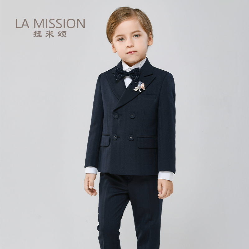 Lamison High-End Navy Blue Herringbone Pattern Boys' Suit for Hosting, Piano Performance, Runway Show, Handsome Boys' Formal Wear