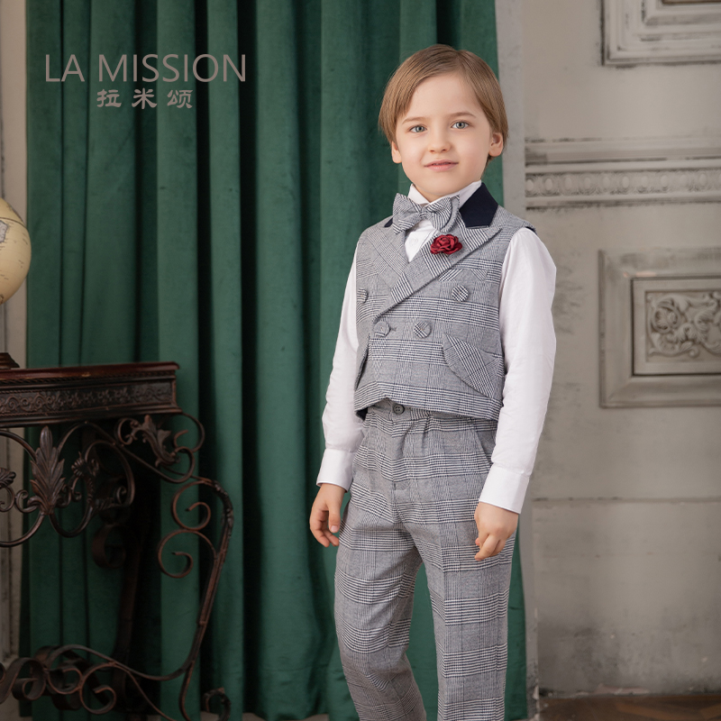 Lamison's new blue tone British Swallowtail vest suit fashion boy small suit one-year-old suit boy