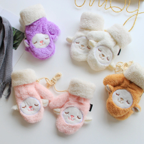 Cute winter lamb thick double plush full finger gloves hanging neck lovers autumn winter warm gloves