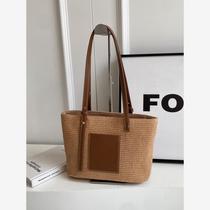 Portable Fashion Casual Straw Bag Womens 2024 Summer Korean Style Trendy Versatile Contrast Color Tote Bag Commuter Shoulder Bag