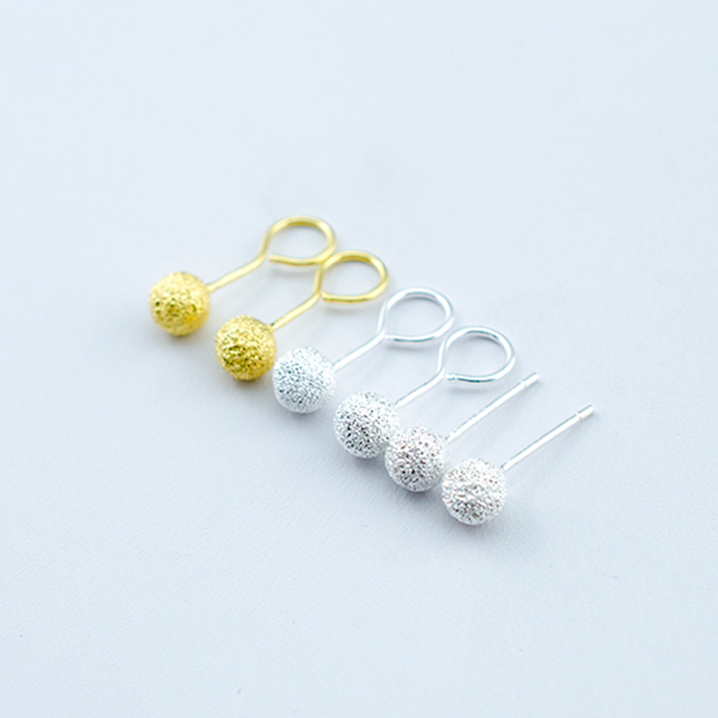 925 pure silver frosted ear needle straight needle bending hook gold color small round pearl new wave ear stick bean and female ear bone nail