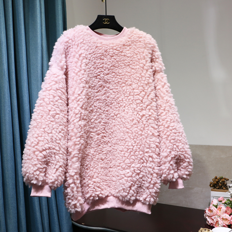 2021 New Thickened Looped Lamb Wool Sweater Round Neck Furry Coat Lamb Wool Mid-Length Furry Sweatshirt for Women