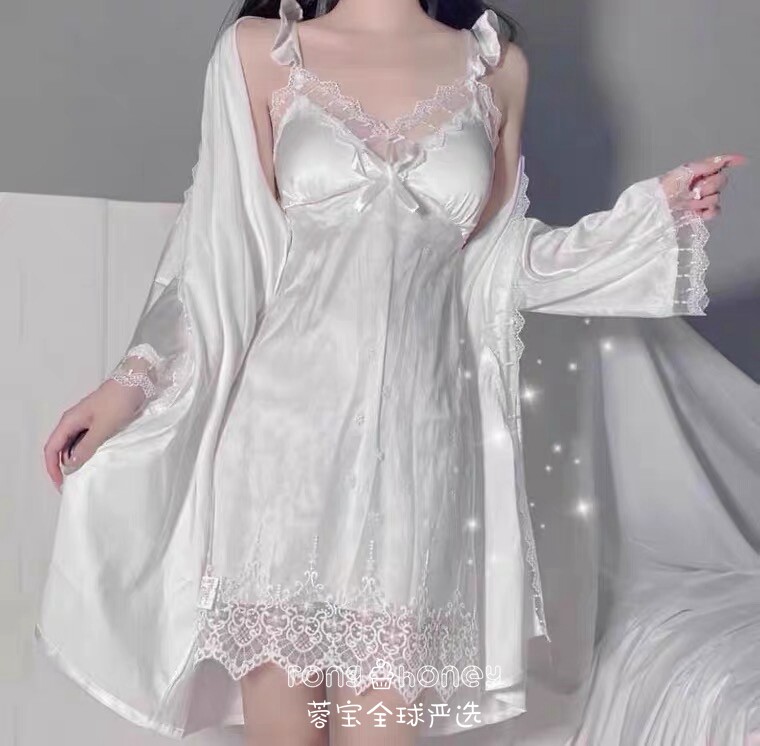 Japanese sexy ice silk pajamas set white lace sling chest pad nightdress female pure desire lace dress