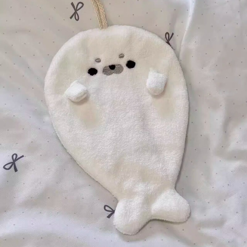 Cute Little Seal Plush Household Hand Towel, Thickened Cartoon Handkerchief for Bathroom, High-Value Decorative Hanging Ornament
