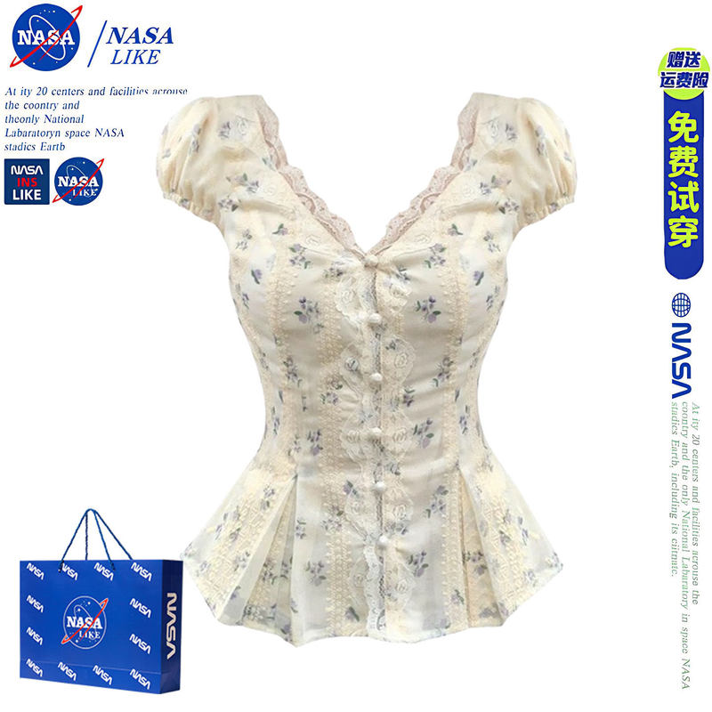 French-Style Tea Break Lace V-Neck Short-Sleeve Shirt for Women, Summer Sweet Style Embroidered Floral Waist-Cinching Slimming Top