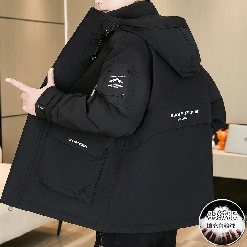 Men's down Jacket Winter Trendy Loose Hooded Short Workwear Jacket Versatile Thickened Warm Casual Coat