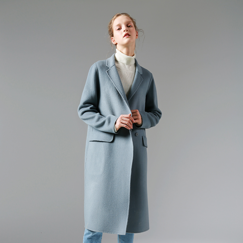 潮秋冬时尚新款女装简约中长款长袖纯色修身羊毛毛呢外套YKG50207