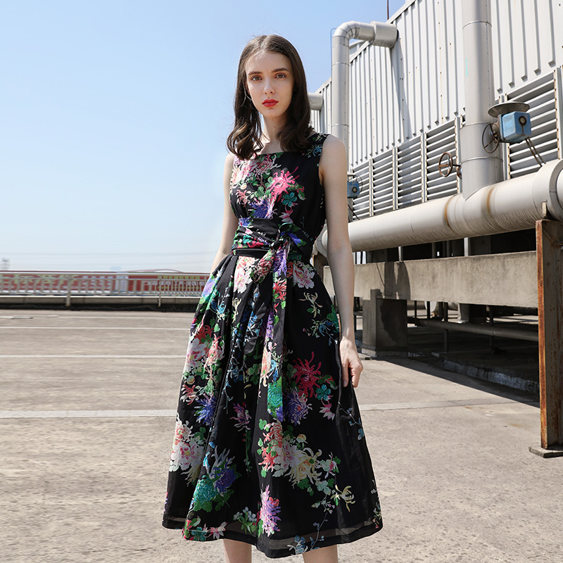 2017夏季新款女装宽松印花背带裙时尚气质无袖连衣裙夏季YPG72250