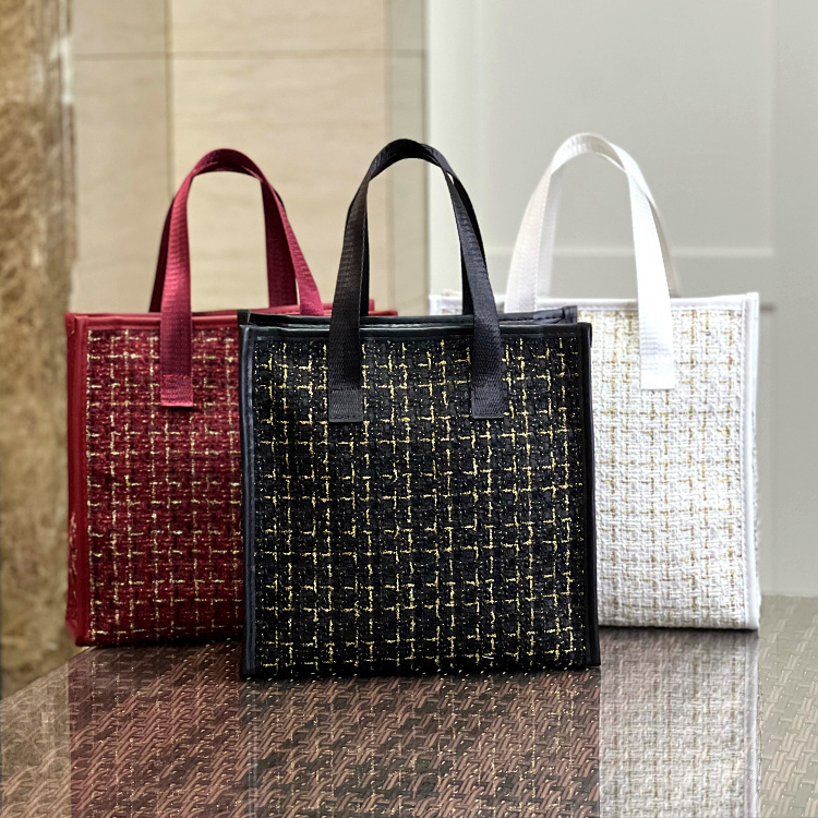 Hand-Held Small Cloth Bag, Lady's Bag, Tweed Handbag in Chanel Style, Lightweight Work Bag, Small Tote Bag, Cosmetic Bag, Zipper Bag