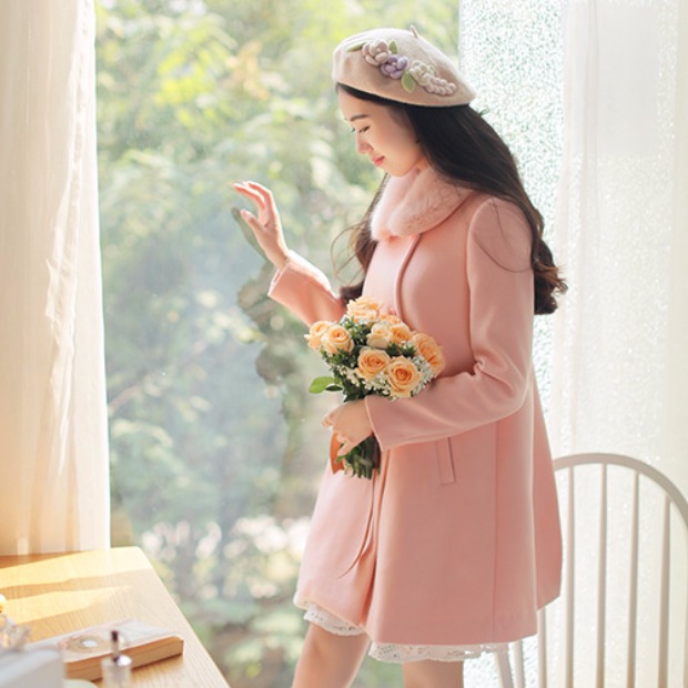 Ngọt ngào có thể tháo rời cổ áo lông dài áo khoác len nữ A-line áo khoác nữ kaki