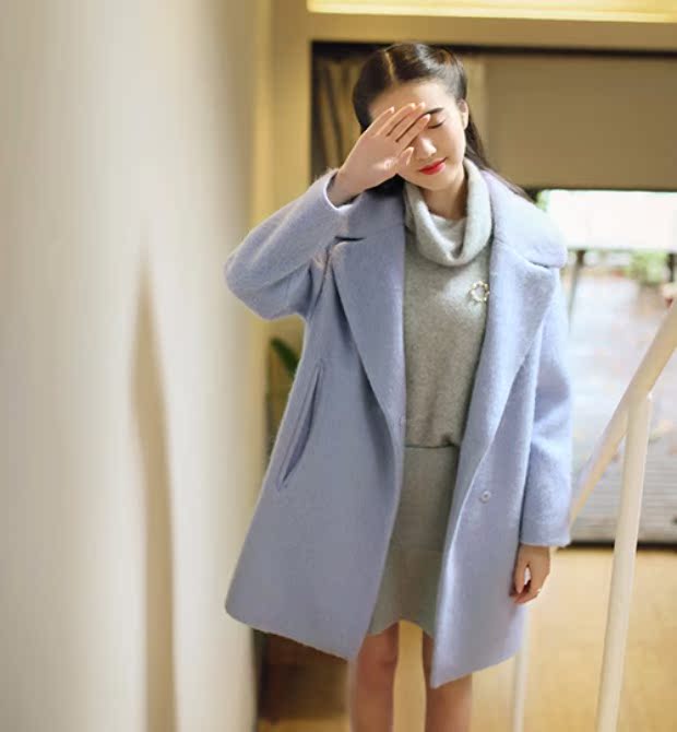 Áo khoác cao cổ màu xanh phù hợp với áo len cổ tính nữ áo dài tay đơn ngực áo dài tay nữ áo khoác nữ hàng hiệu