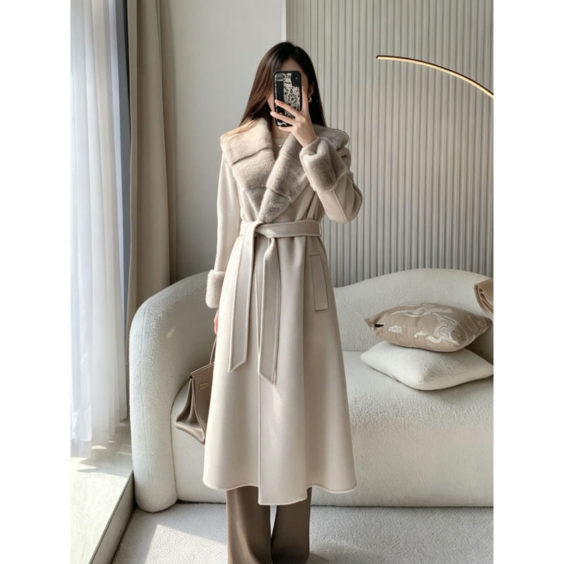 Puti Lp Imported Silver Orchid Mink Large Lapel Wool and Cashmere Double-Sided Long Coat for Women Puti Lp Imported Silver Orchid Mink Large Lapel Wool and Cashmere Double-Sided Long Coat for Women