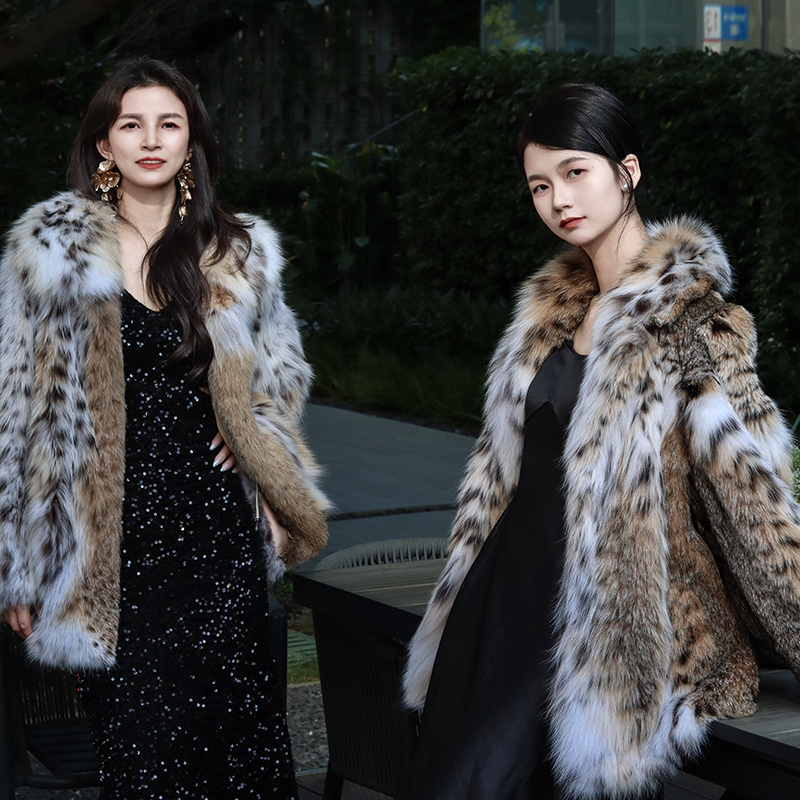 Imported American Spotted Stand-Up Collar Mid-Length Cuffed Sleeve Half-White Leopard Print Lynx Fur Integrated Coat