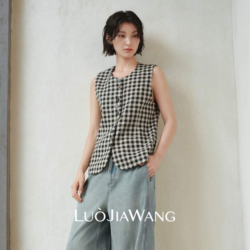 100% Linen Retro Black and White Checkered Vest for Women, Round Neck, Color-Blocking, Sleeveless Vest, Summer | Luojiawang