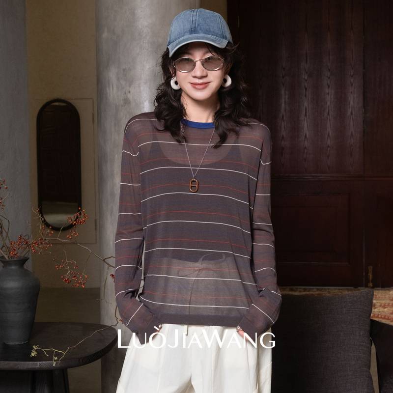 Luojiawang丨Old Money Style Slightly Sheer Striped Knit Top for Women, Color-Blocking Layered Off-Shoulder Long-Sleeve Top for Spring and Summer Luojiawang丨Old Money Style Slightly Sheer Striped Knit Top for Women, Color-Blocking Layered Off-Shoulder Long-Sleeve Top for Spring and Summer
