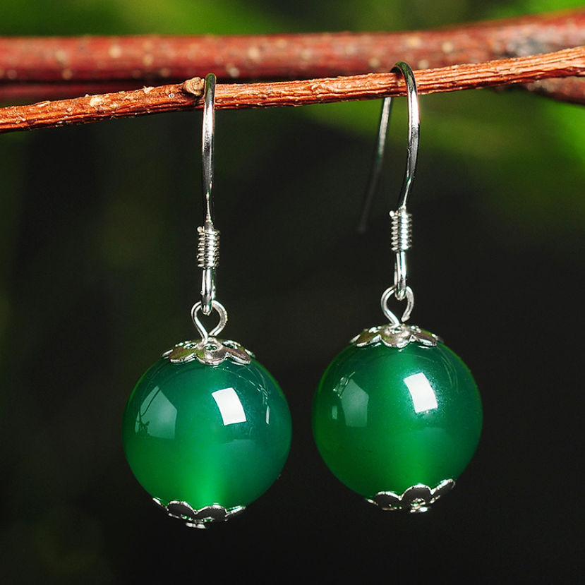 Original 925 silver inlaid with natural green jade medullary beads ear pendant fashion brief female jade medullary beads earrings earrings