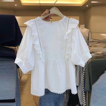 Lace Hollow Blouse Women Korea East Gate Han Fan Loose Round Neck Summer Short Sleeve Baby Shirt Ruffle Top