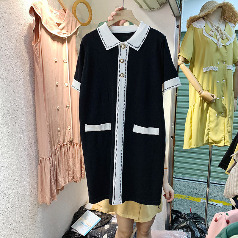 2021 spring summer new item Korean style temperament loose thin POLO collar short-sleeved middle-length contrast-colored knitted dress female