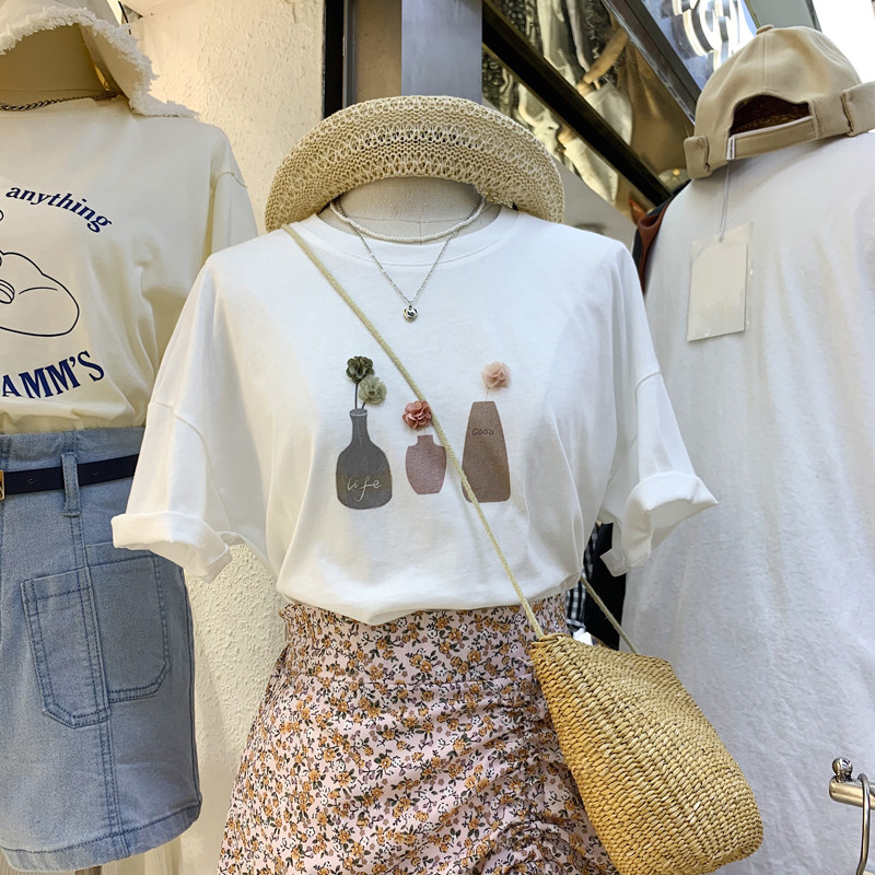 Summer dress new Korean version Trend Korea Dongdaemun Brief White College Wind Printed Flowers 100 lap short sleeve T-shirt