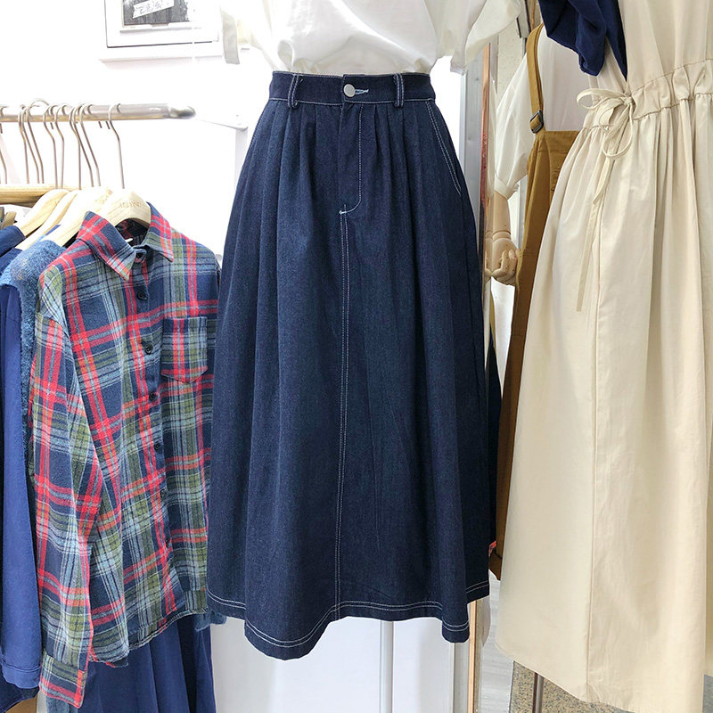 High waist denim skirt Womens long South Korea Dongdaemun 2021 spring solid color a-line skirt temperament denim skirt