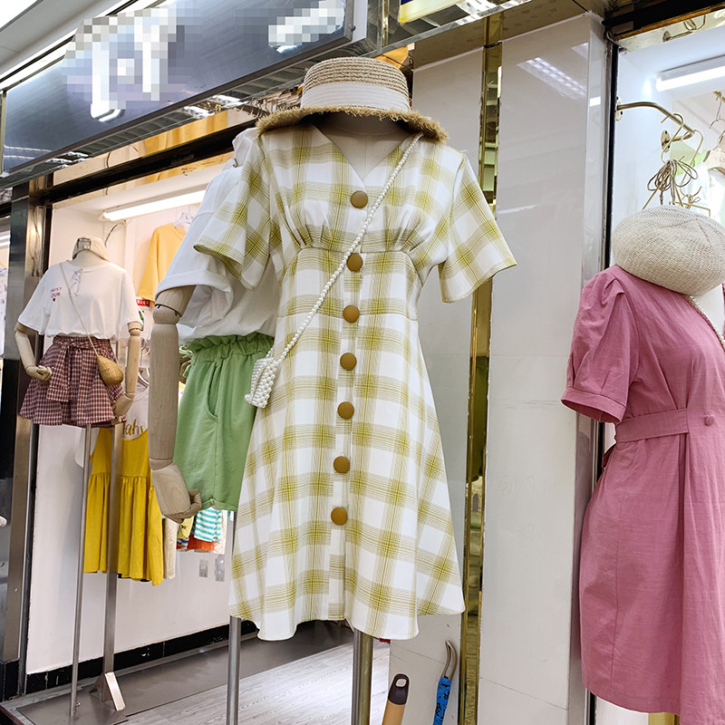 2021 summer new casual temperament wild thin slim slim v-neck single breasted cotton linen plaid waist dress