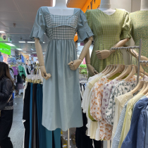 Square collar long dress Early spring net color splicing plaid bump color little fresher 100 hitch round collar Korean version of sweet and thin dress